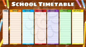 School Timetable weekly, hand drawn sketch icons of school supplies, pencils on woodboard. Vector template schedule, cartoon style illustartion