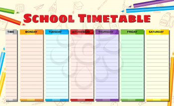 Timetable for school college weekly, hand drawn sketch icons of school supplies, pencils. Vector template schedule, cartoon style illustartion