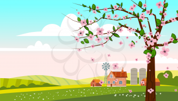 Spring landscape rural countryside, blossom tree, rural nature with farm. Panorama springtime green fields, blue sky. Vector background illustration isolated cartoon style