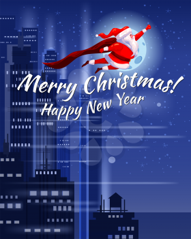 Santa Claus funny as Superhero wearing cape flying over the night modern city, buildings, skyscrapers giving out gift boxes. Merry Christmas poster background cartoon style illustration isolated