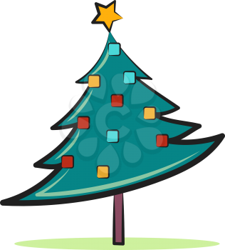 A glittery Christmas tree with loads of decoration and a star on the top vector color drawing or illustration 