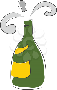 Simple vector illustration of a green champagne flask with yellow lable white background.
