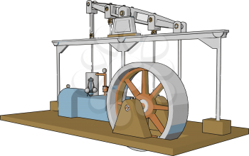 In this engine the pushing force is transformed by a connecting rod and flywheel into rotational force for work vector color drawing or illustration