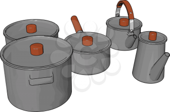 The Kitchen wares like saucepan kettle etc with covering lid to store meal in it vector color drawing or illustration