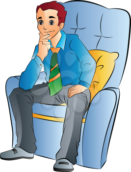 Young Man Sitting on a Soft Chair, vector illustration