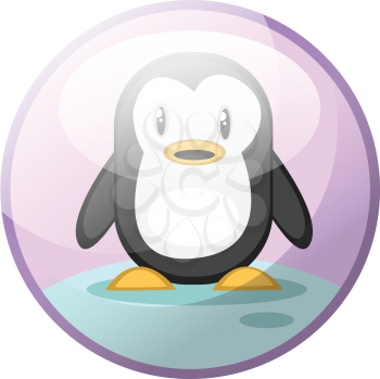 Cartoon character of black and white penguin standing on snow vector illustration in light violet circle on white background.