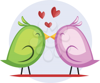 A green bird and a violet bird kissing vector illustrtation in light blue circle on white background.