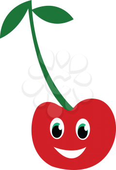 A fresh red cherry fruit with long green stem vector color drawing or illustration 