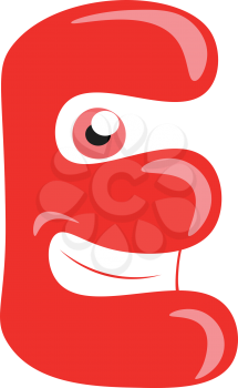A happy red color alphabetic creature E with big round eyes and set of tooth vector color drawing or illustration 