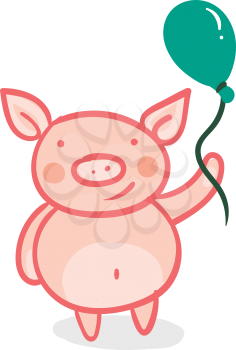 A pink baby pig is holding a green balloon on its hand vector color drawing or illustration 