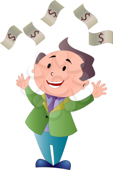 Man Showering in Dollar Bills, vector illustration