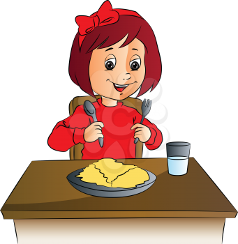 Vector illustration of happy girl with food plate and glass of water on table.