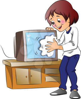 Vector illustration of happy woman wiping dust on television set.