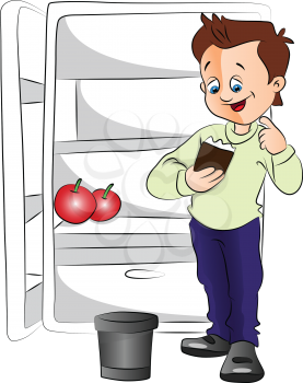 Vector illustration of happy and excited man with ice cream cup next to an open fridge.