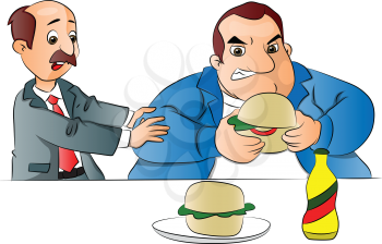 Vector illustration of a man stopping a fat friend from eating unhealthy hamburger.