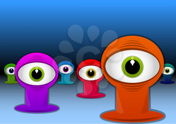Colorful One-eyed Creatures, Red Blue Green Purple Monsters, Big Alien Eyes, vector illustration