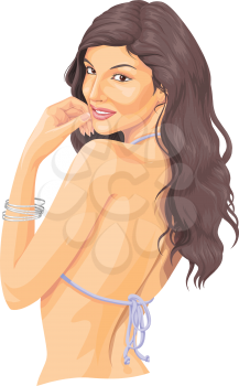 Vector illustration of sexy young woman in bikini top looking over shoulder.