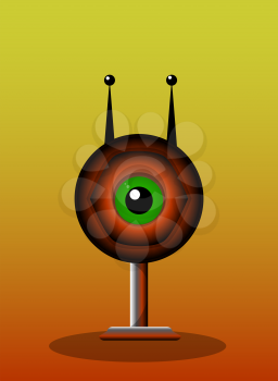 One-Eyed Creature, Red Monster, Big Alien Eye with Antennae and Stand, vector illustration