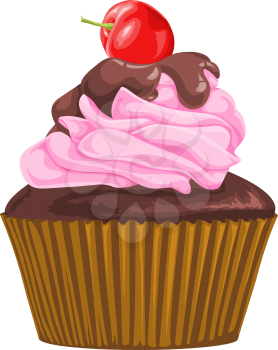 Vector illustration of chocolate cupcake with cherry.