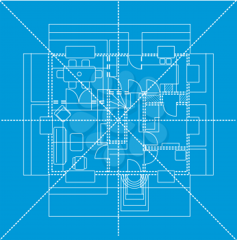 Blue floor plan showing furniture layout, vector illustration
