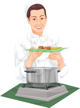 Vector illustration of chef holding plate of prepared food.