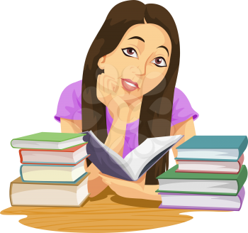 Education showing a girl reading a book and more books piled on the table, vector illustration