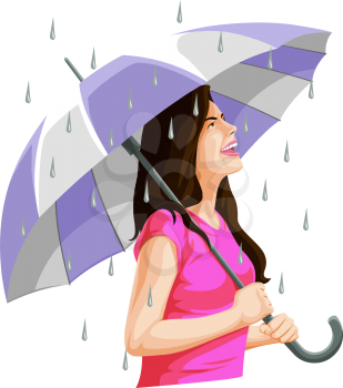 Vector illustration of woman having fun in rain.
