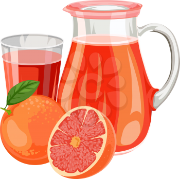 Vector illustration of fresh grapefruit juice in glass and jar.