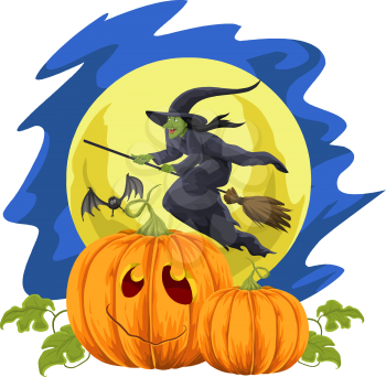 Vector illustration of halloween pumpkins and flying witch in front of moon.