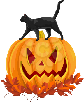 Vector illustration of halloween cat on pumpkin with autumn leaves.
