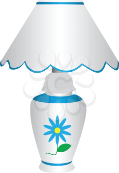 Blue and white electric lamp with lampshade, with a painted blue marguerite on front, isolated against a white background.