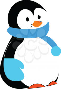 Penguin in blue scarf and hand gloves vector or color illustration