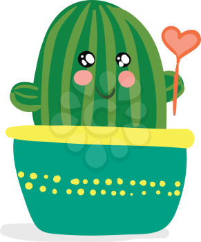 Cactus with heart shape balloon vector or color illustration