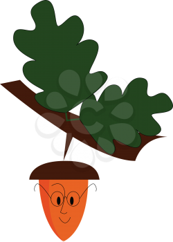 An acorn hanging from a brown branch with two green leaves has two eyes a nose a mouth and is wearing glasses vector color drawing or illustration 