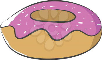 A big brown doughnut with pink frosting and colorful sprinkles on it placed in a showcase vector color drawing or illustration 