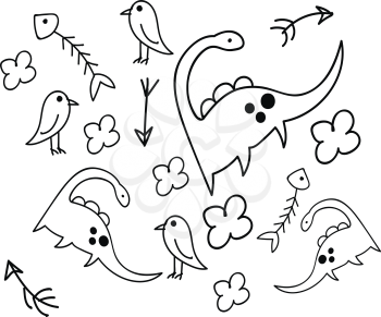 Childish black and white Doodle of Dinosaurs birds fish skeleton arrows and flowers vector color drawing or illustration 