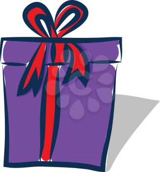 A purple gift box wrapped with red ribbon and a big bow on the top vector color drawing or illustration 