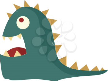 A giant monster in green and yellow color has yellow fang teeth and big red eyes vector color drawing or illustration 