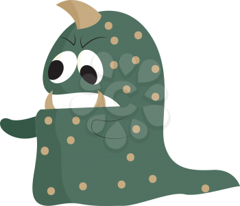 A dark green angry monster with brown polka dots one horn and sharp teeth vector color drawing or illustration 