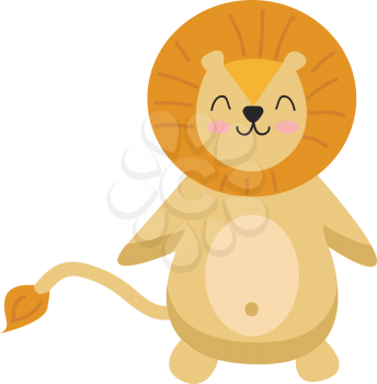 A happy cartoon lion yellow in color and a round-shaped head is with smiling eyes and a broad closed smile turning up to rosy cheeks vector color drawing or illustration 