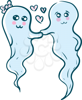 Two blue-colored cute little love ghosts are with smiling eyes and a broad closed smile turning up to rosy cheeks while holding hands vector color drawing or illustration 