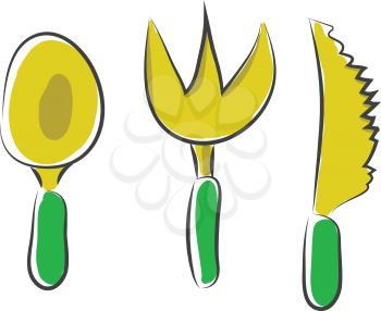 Cartoon Noah spoon knife and fork in yellow and green-colored combinations used while eating vector color drawing or illustration 