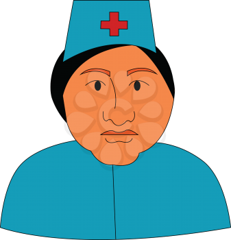 A nurse at the hospital dressed in her blue-colored uniform with a plus sign printed in her cap vector color drawing or illustration 