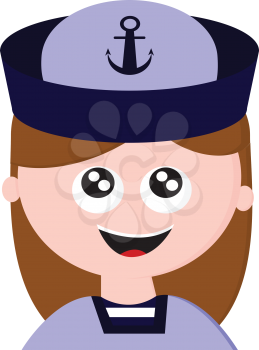 Cartoon character of a laughing sailor girl dressed in her blue uniform wears a sailor cap an inscribed black silk ribbon tied around its base that bears the symbol of a navy vector color drawing or illustration 