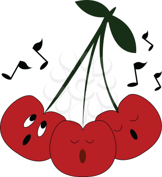 Charming bunch of cherries with two dark green colored leaves are singing over white background with musical notes vector color drawing or illustration 