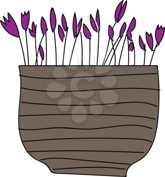 Simple vector illustration of purple flowers in brown flower pot on white background