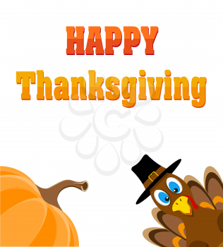 poster with inscription happy thanksgiving day and turkey and pumpkin stock vector illustration isolated on background
