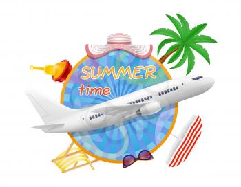 summer time banner poster with airplane and items for a beach holiday stock vector illustration isolated on white background