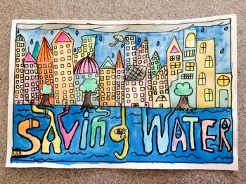 Childrens painting cityscape saving water with tree and blue sky