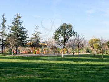 playground at park with green grass lawn and trees